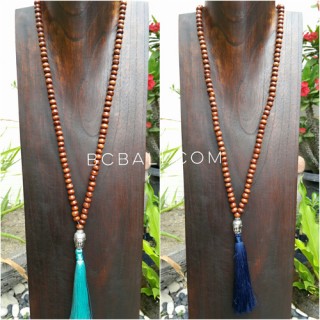 2color mala wood bead brown necklace tassels buddha prayer